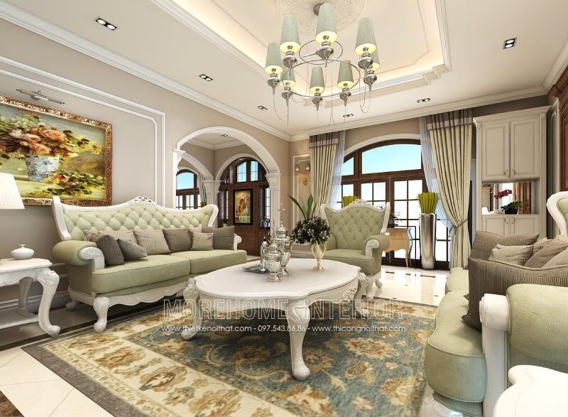 của bạn Ghế sofa MS-049 cổ điển, làm bằng gỗ tự nhiên sơn trắng, bọc nỉ rút múi màu xanh ngọc nhẹ nhàng, sẽ mang lại cho phòng khách biệt thự của bạn một phong cách hoàng gia, quý tộc.