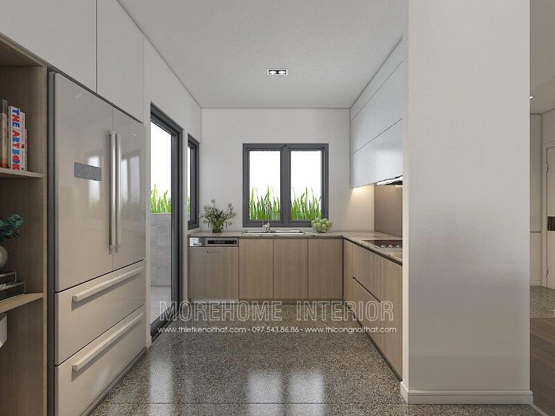 Mẫu tủ bếp phủ Melamine hiện đại tạo nên không gian sang trọng.