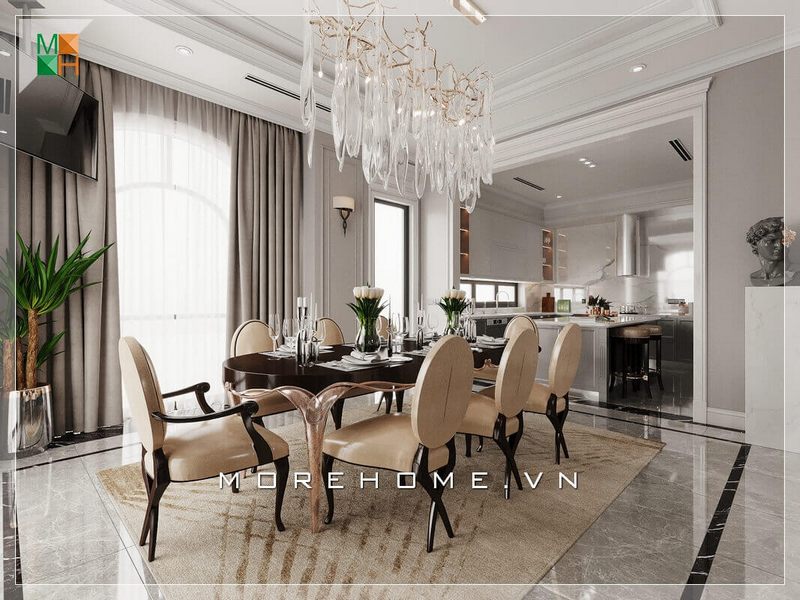 Mẫu bàn ăn gỗ cùng với 8 ghế bọc da chân gỗ óc chó cao cấp được thiết kế theo phong cách tân cổ điển sang trọng, phù hợp với các biệt thự, nhà phố.